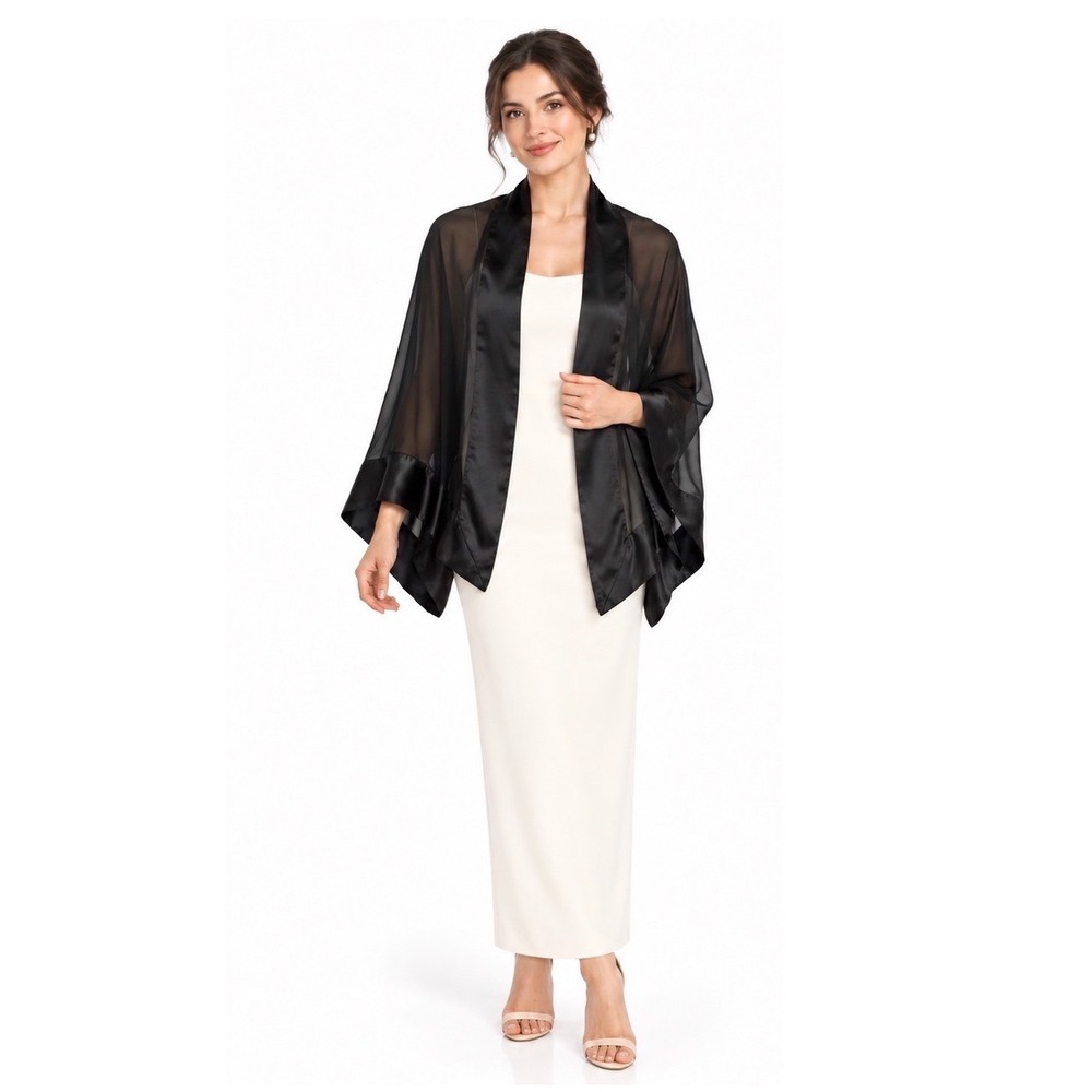 Sheer Black Chiffon Shrug Satin Trim Open Front Draped Evening Wrap Glam 114-09